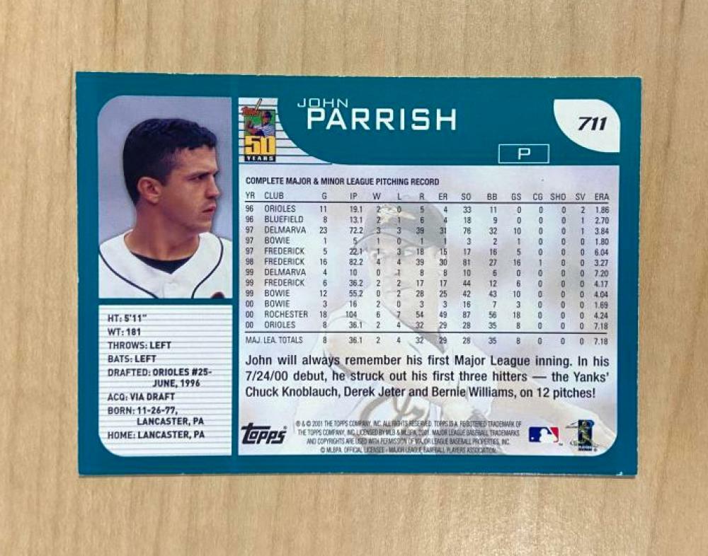 JOHN PARRISH BALTIMORE ORIOLES SIGNED AUTOGRAPHED 2001 TOPPS CARD #711 W/COA