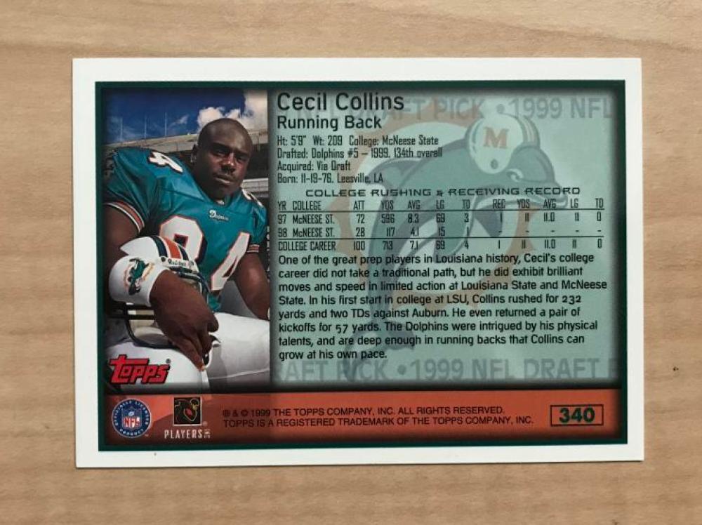 CECIL COLLINS MIAMI DOLPHINS SIGNED AUTOGRAPHED 1999 TOPPS CARD #340 W/COA