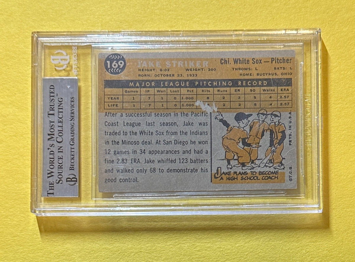 1960 TOPPS JAKE STRIKER #169 AUTHENTIC AUTO BECKETT CERT INSCRIBED "1-0...."