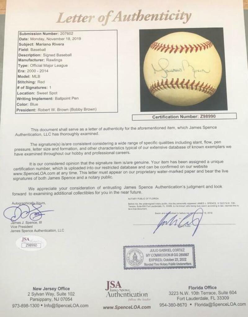 MARIANO RIVERA NEW YORK YANKEES SIGNED AUTO M.L. BASEBALL JSA LOA Z98990