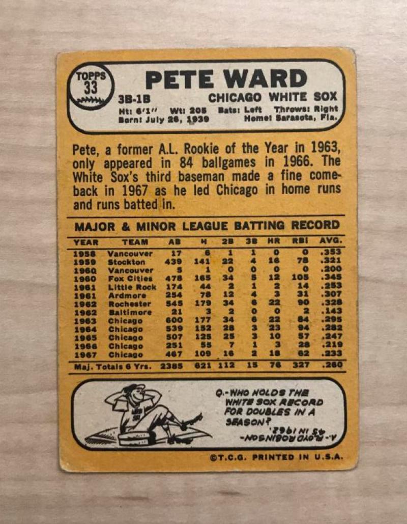 PETE WARD CHICAGO WHITE SOX SIGNED AUTOGRAPHED 1968 TOPPS CARD #33 W/COA