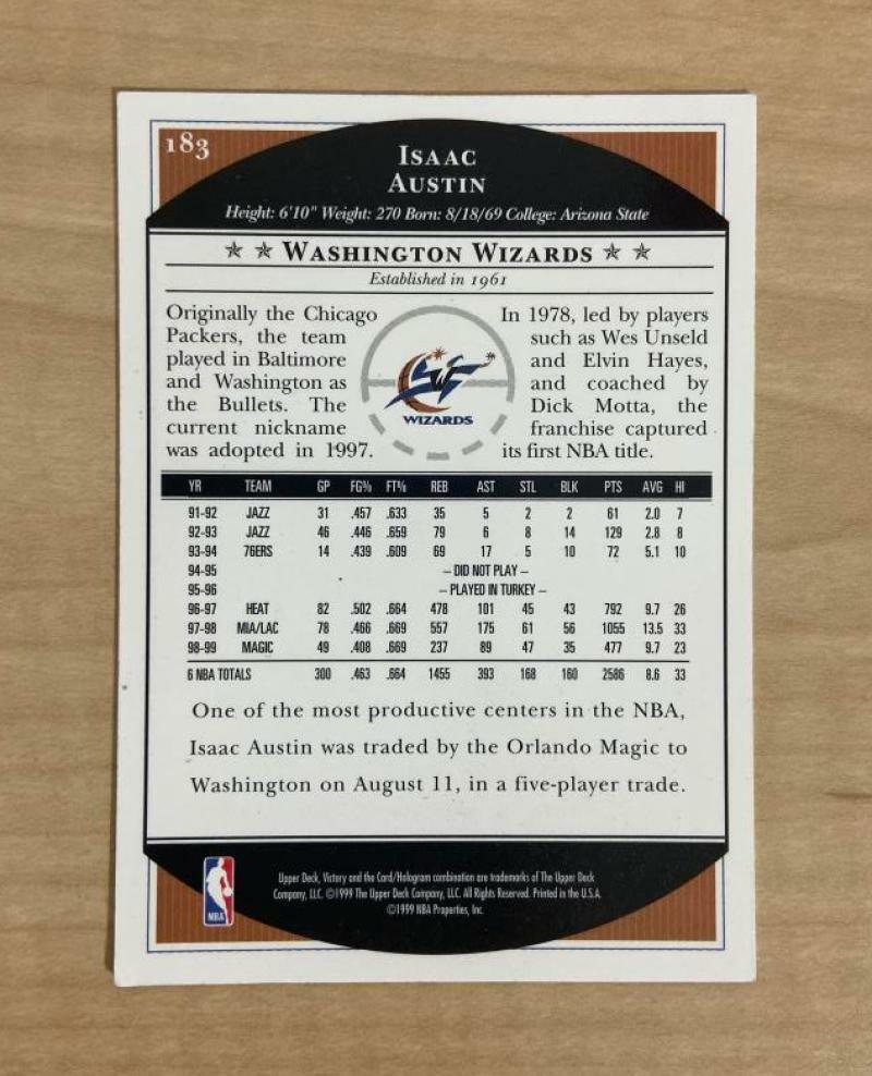 ISAAC AUSTIN WASHINGTON WIZARDS SIGNED AUTOGRAPHED 99-00 VICTORY CARD #183 W/COA