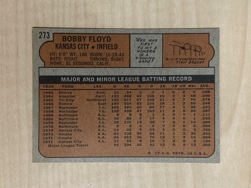 BOBBY FLOYD KANSAS CITY ROYALS SIGNED AUTOGRAPHED 1972 TOPPS CARD #273 W/COA