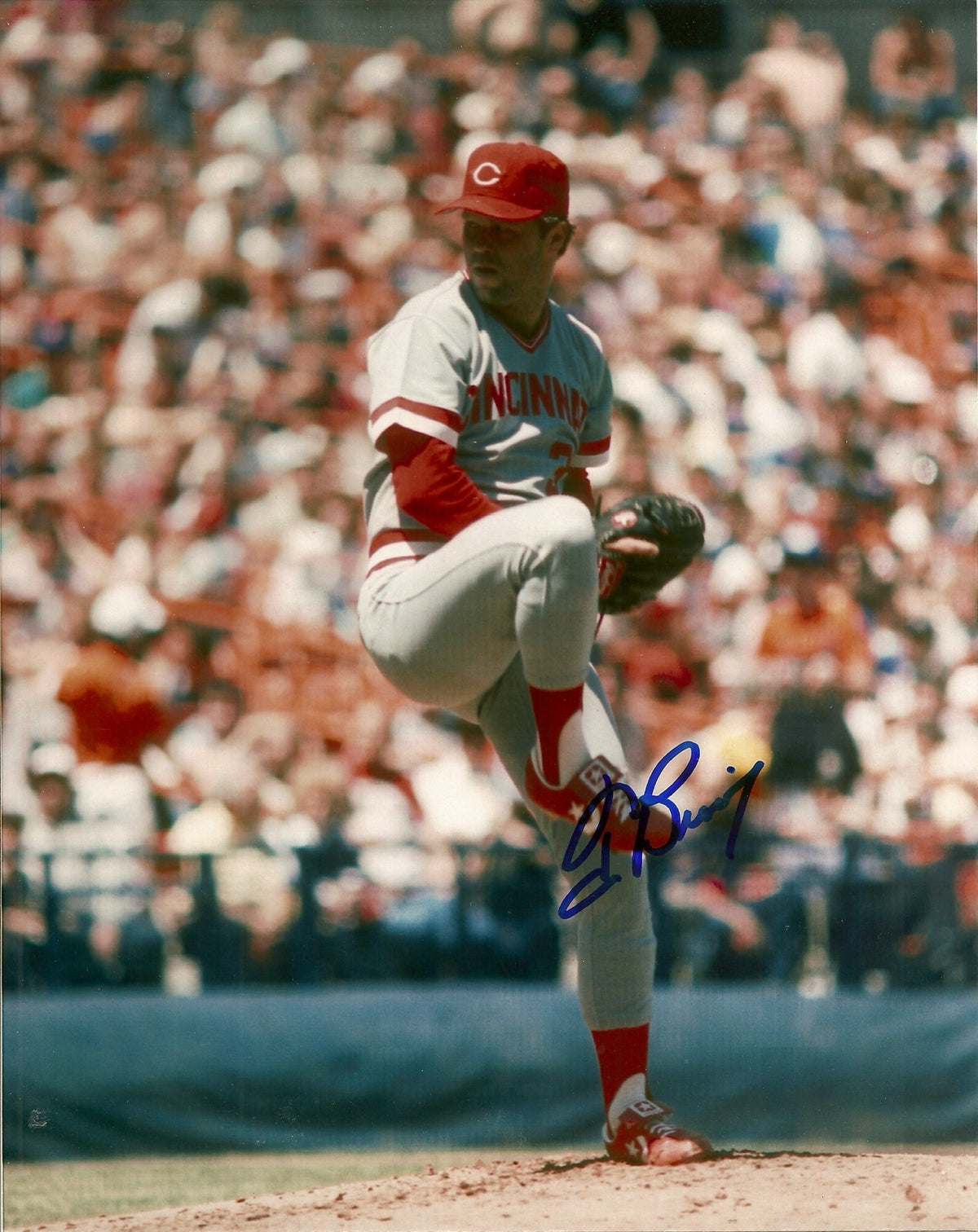 TOM BROWNING CINCINNATI REDS SIGNED AUTOGRAPHED 8x10 PHOTO W/COA LEG KICK