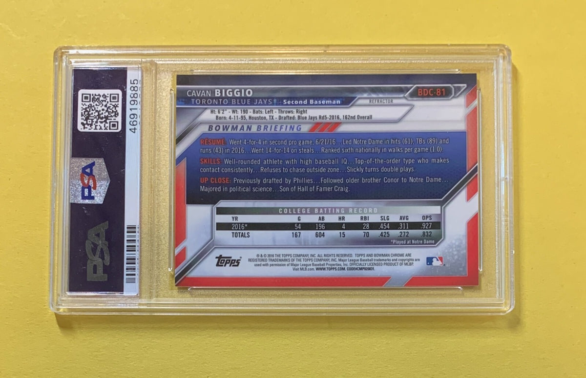 2016 BOWMAN DRAFT CAVAN BIGGIO CHROME REFRACTOR #BDC81 PSA GEM MT 10
