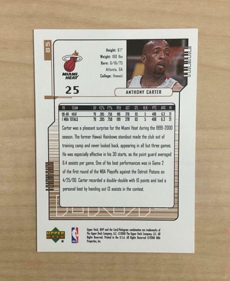 ANTHONY CARTER MIAMI HEAT SIGNED AUTOGRAPHED 00-01 UPPER DECK CARD #85 W/COA