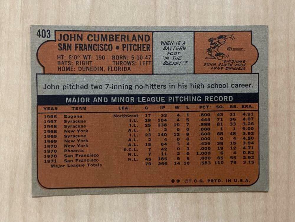 JOHN CUMBERLAND SAN FRANCISCO GIANTS SIGNED 1972 TOPPS CARD #403 W/COA