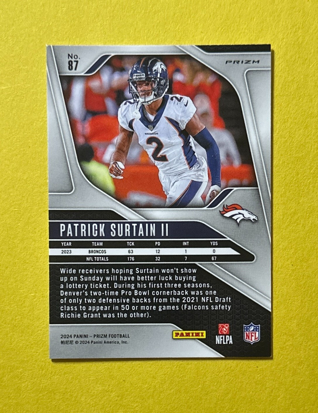 2024 PANINI PRIZM PATRICK SURTAIN II BLACK AND WHITE CHECKERBOARD SP #87 BRONCO
