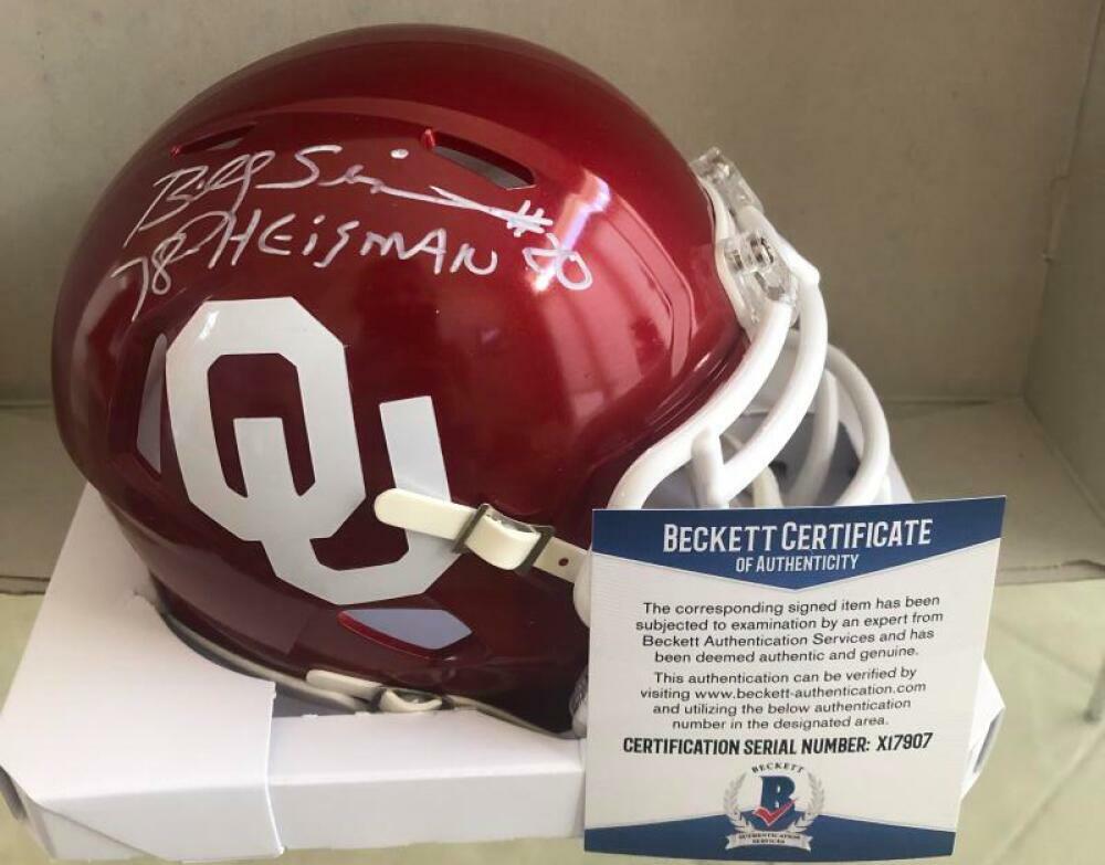 BILLY SIMS OKLAHOMA SOONERS 78 HEISMAN  SIGNED SPEED MINI HELMET BECKETT X17907