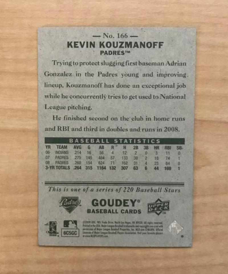 KEVIN KOUZMANOFF SAN DIEGO PADRES SIGNED 2009 UPPER DECK GOUDEY CARD #166 W/COA