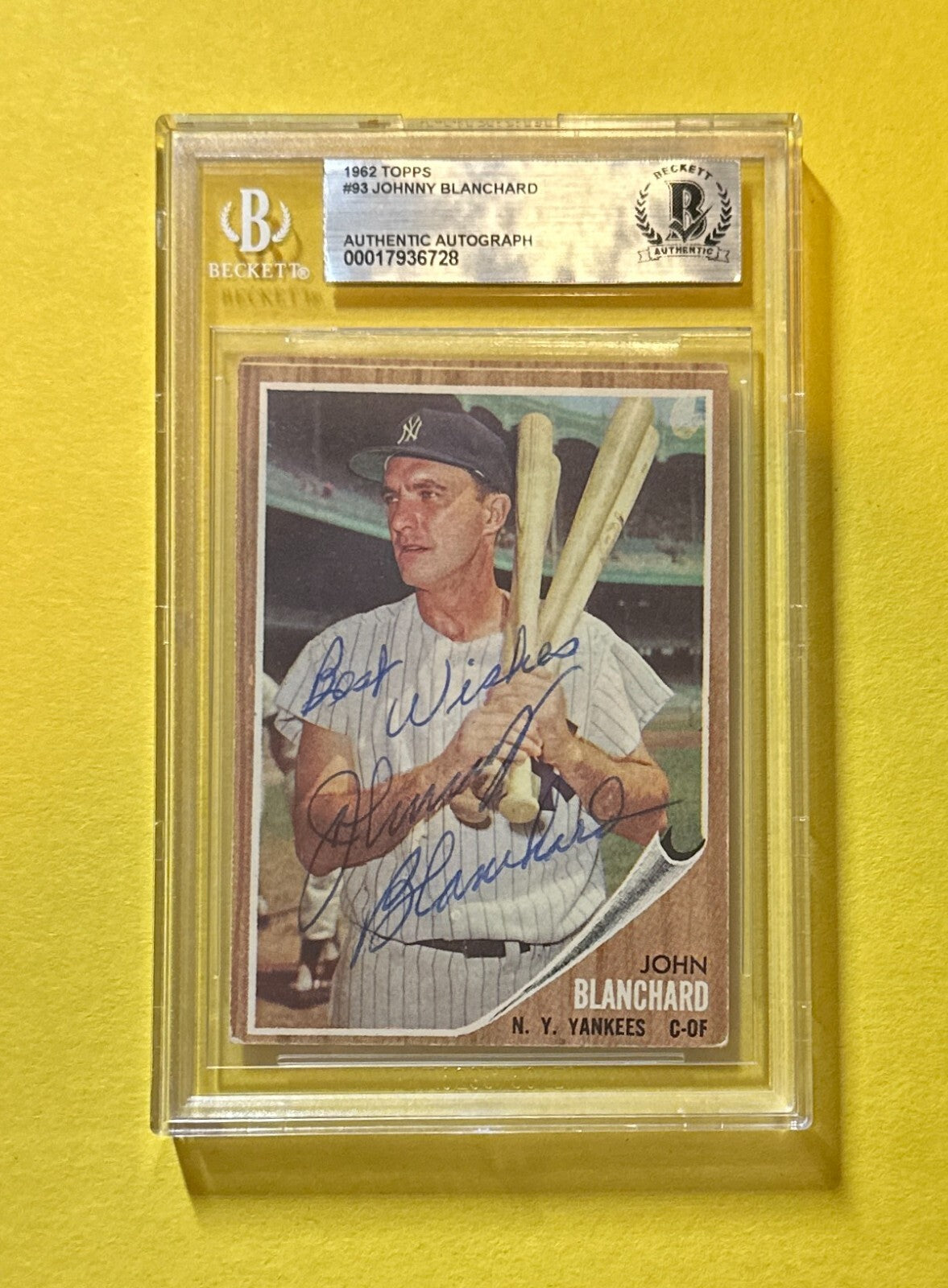 1962 TOPPS JOHN BLANCHARD #93 SIGNED AUTOGRAPHED CARD BECKETT AUTH 10 YANKEES