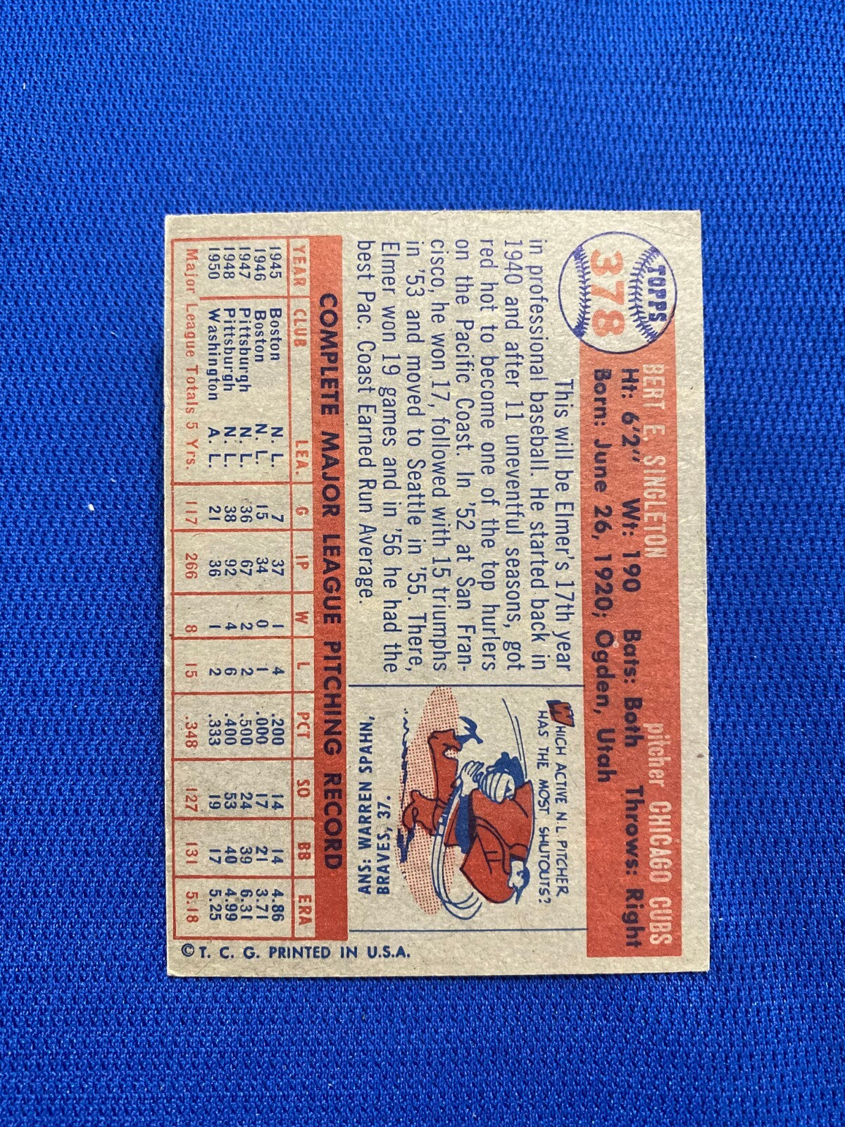 1957 TOPPS ELMER SINGLETON CHICAGO CUBS #378 CARD VINTAGE SET-BREAK