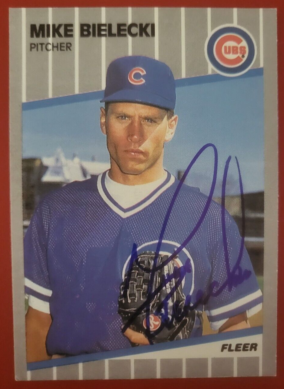 1989 FLEER MIKE BIELECKI CHICAGO CUBS SIGNED AUTOGRAPHED CARD #419 W/COA