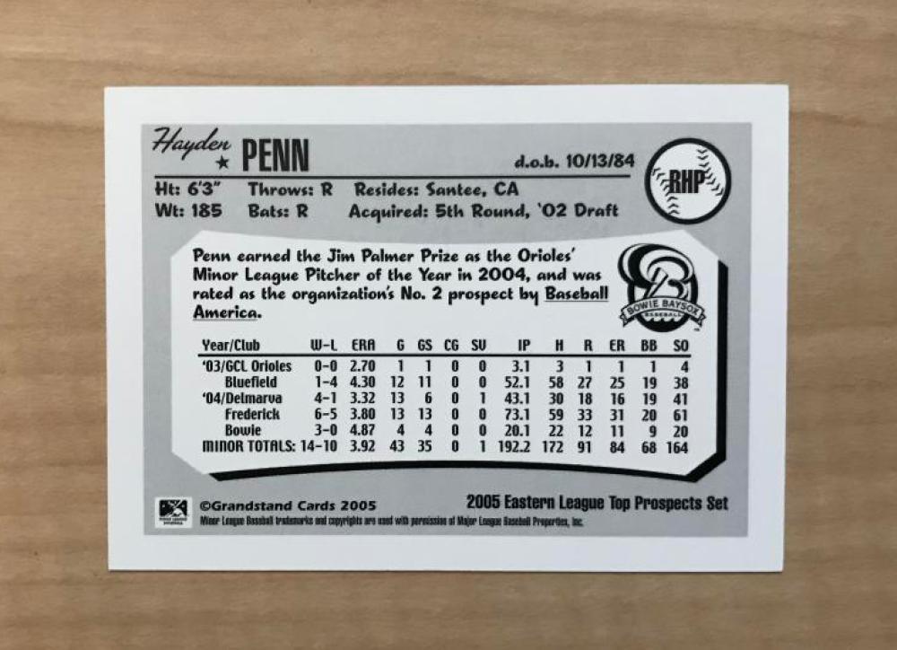 HAYDEN PENN BOWIE BAYSOX SIGNED AUTOGRAPHED 2005 GRANDSTAND CARD W/COA