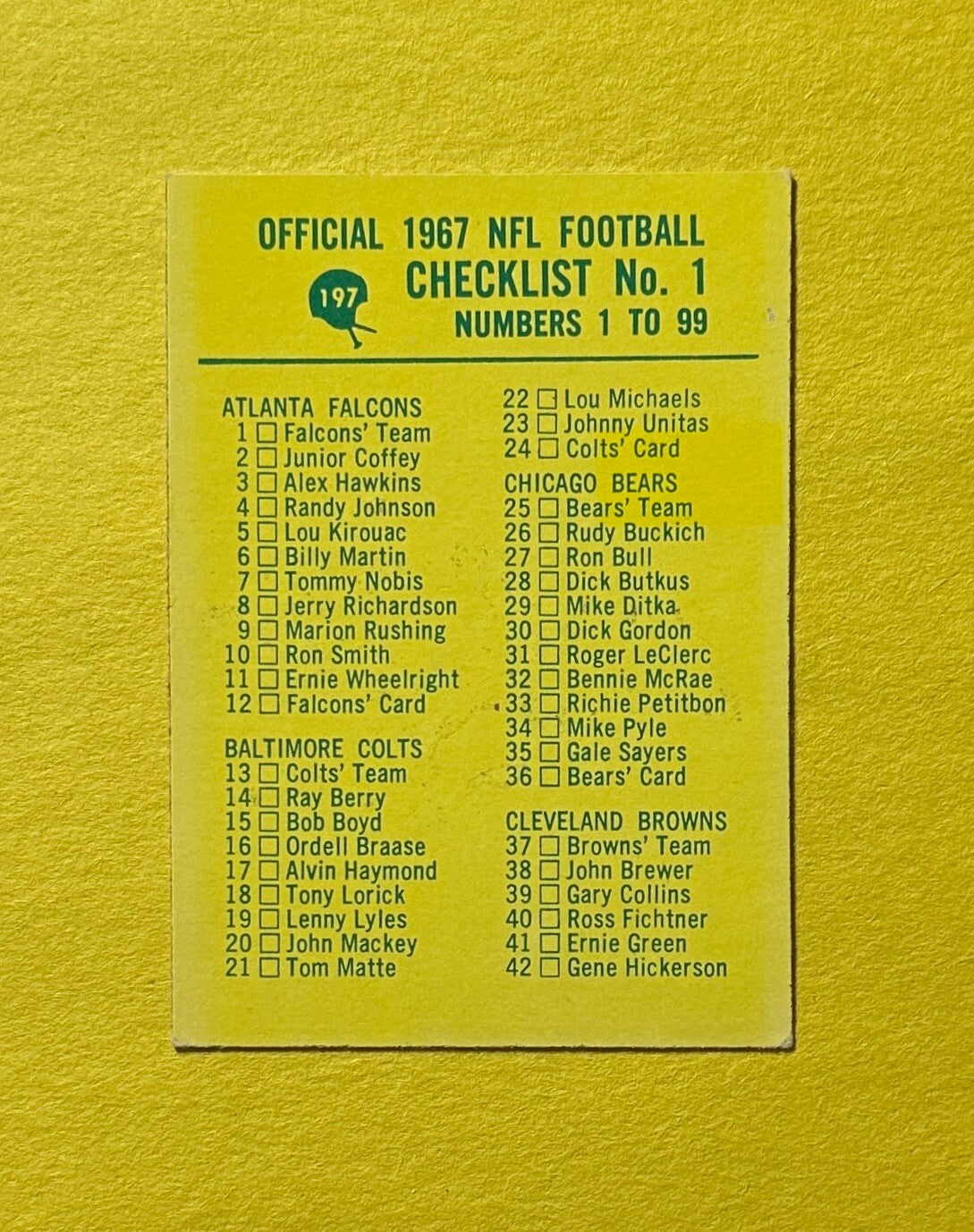 1967 PHILADELPHIA CHECKLIST NO. 1 #197 UNMARKED