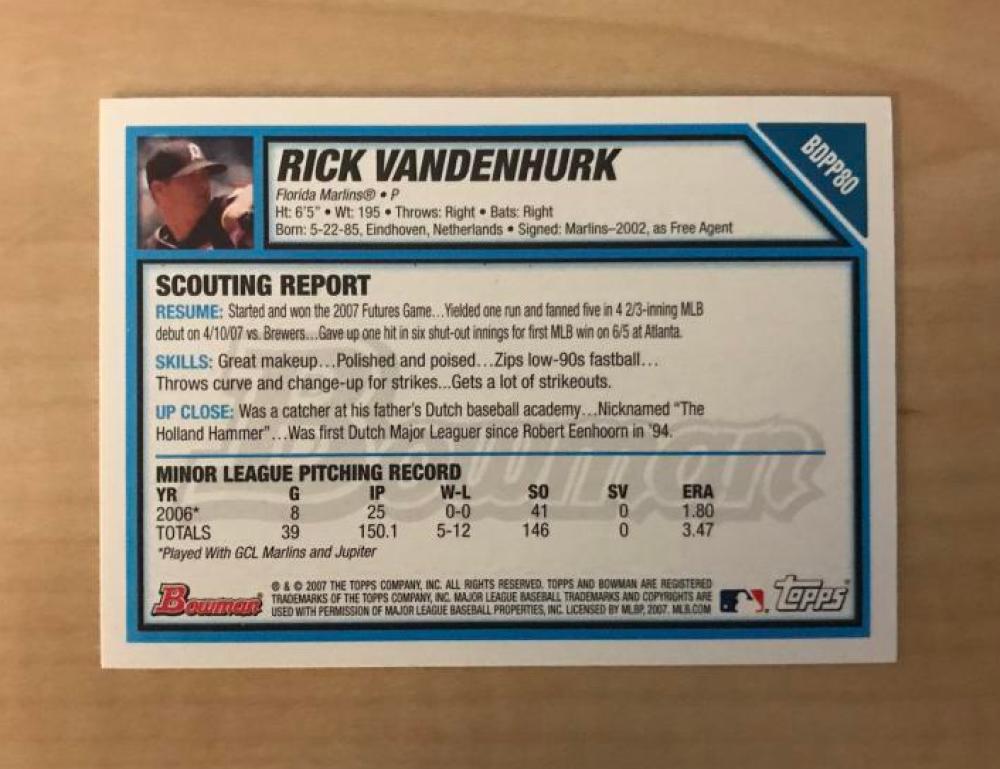 RICK VANDENHURK FLORIDA MARLINS SIGNED AUTOGRAPHED 2007 BOWMAN CARD#BDPP80 W/COA