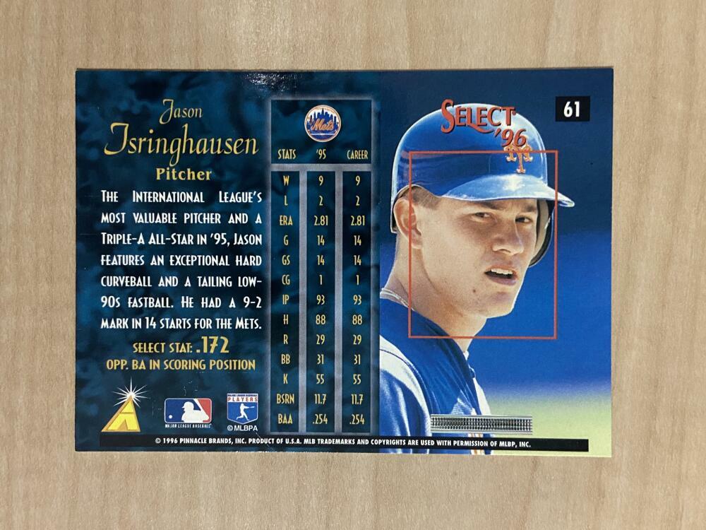 JASON ISRINGHAUSEN NEW YORK METS SIGNED AUTOGRAPHED 1996 SELECT CARD #61 W/COA