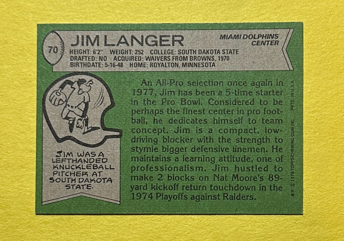 1978 TOPPS JIM LANGER SIGNED AUTOGRAPH CARD W/ COA #70 DOLPHINS