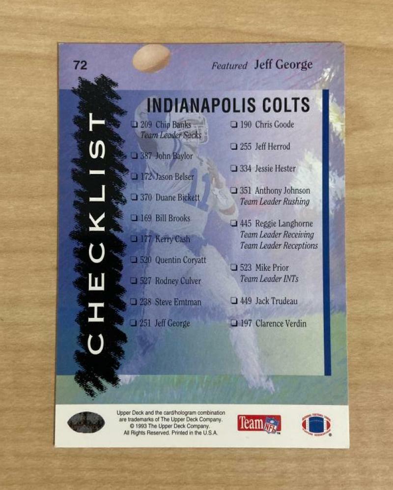 JEFF GEORGE INDIANAPOLIS COLTS SIGNED AUTOGRAPHED 1993 UPPER DECK CARD #72 W/COA