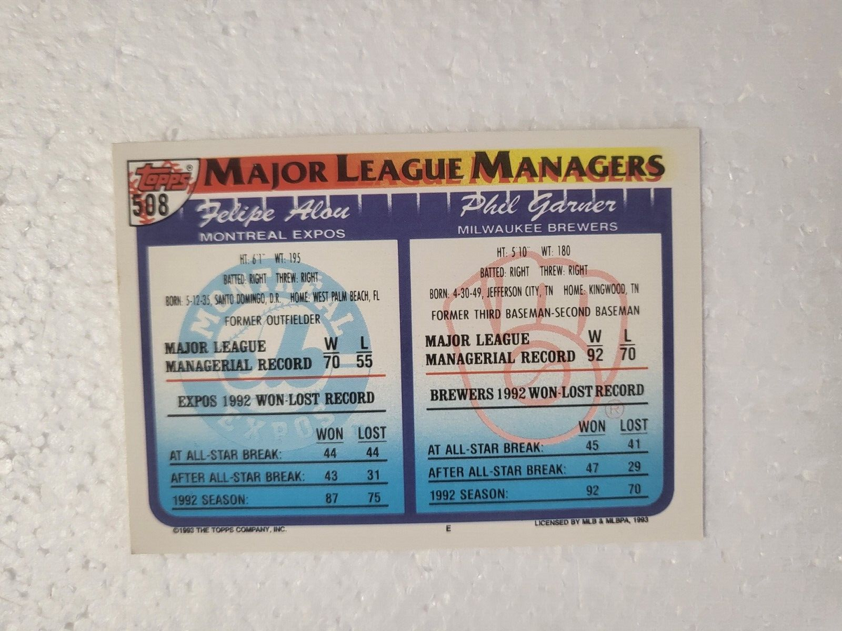 1993 TOPPS FELIPE ALOU MONTREAL EXPOS MANAGERS SIGNED AUTO CARD #508 COA
