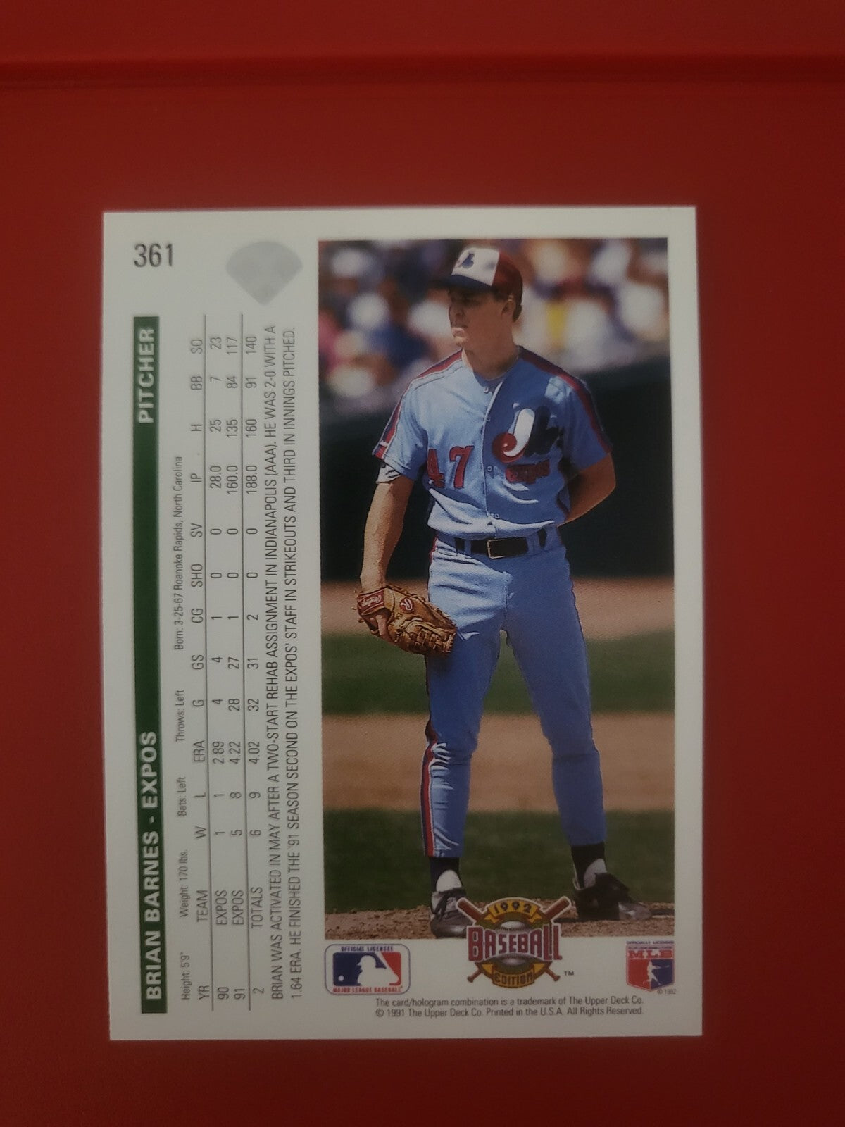 1992 UPPER DECK BRIAN BARNES MONTREAL EXPOS SIGNED AUTOGRAPHED AUTO CARD #361