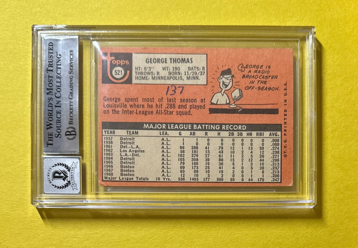1969 TOPPS GEORGE THOMAS #521 SIGNED AUTOGRAPHED CARD BECKETT AUTH 10 RED SOX
