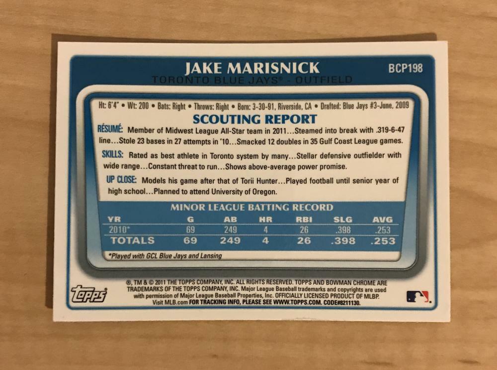 JAKE MARISNICK TORONTO BLUE JAYS SIGNED 2011 BOWMAN CHROME CARD #BCP198 W/COA