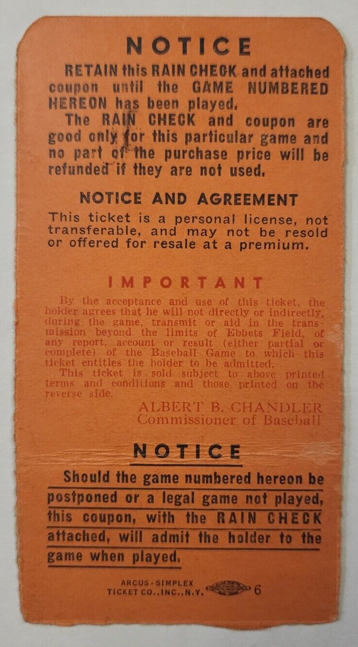 1949 BROOKLYN DODGERS EBBETS FIELD NL VS AL TICKET RARE