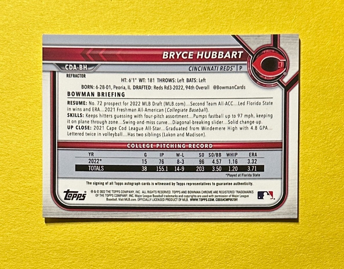 2022 BOWMAN CHROME BRYCE HUBBART REFRACTOR AUTO /499 #CDA-BH REDS