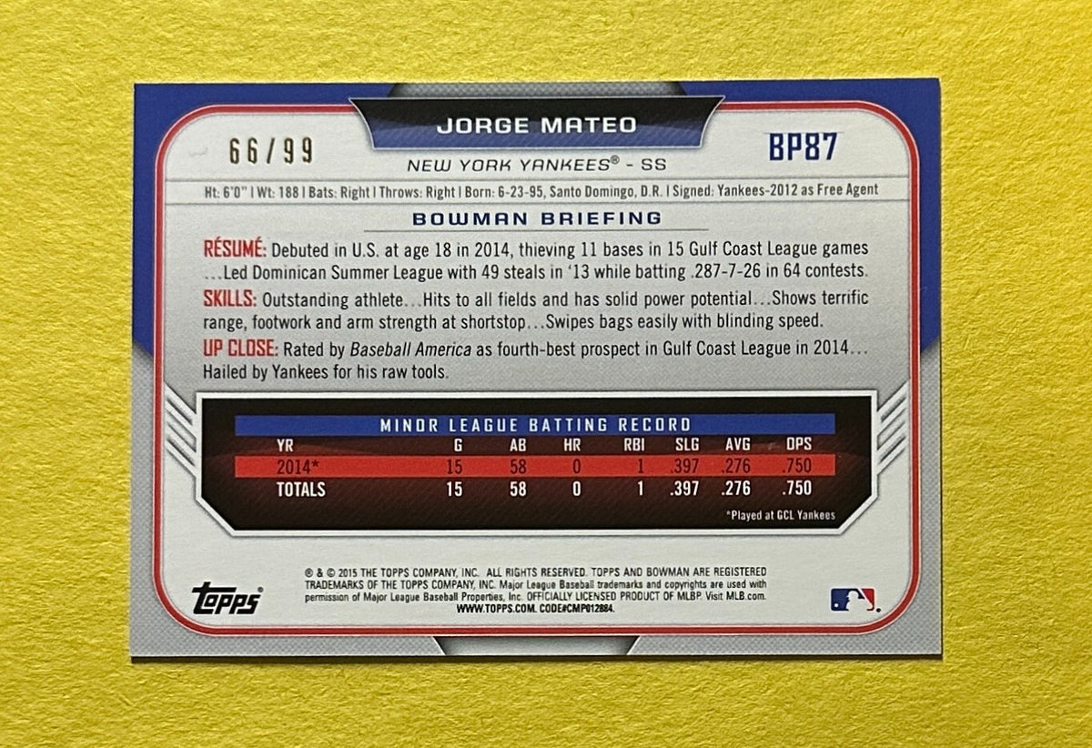2015 BOWMAN JORGE MATEO GREEN 1ST BOWMAN /99 #BP87