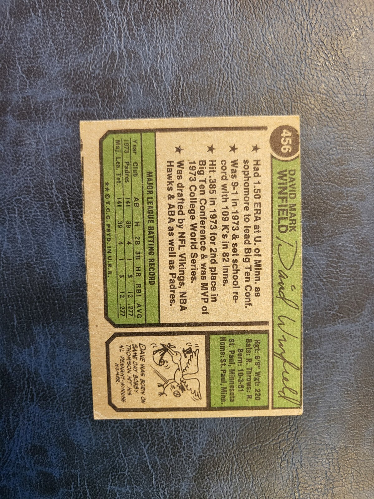 1974 TOPPS DAVE WINFIELD SD PADRES ROOKIE RC BASEBALL CARD #456 VINTAGE