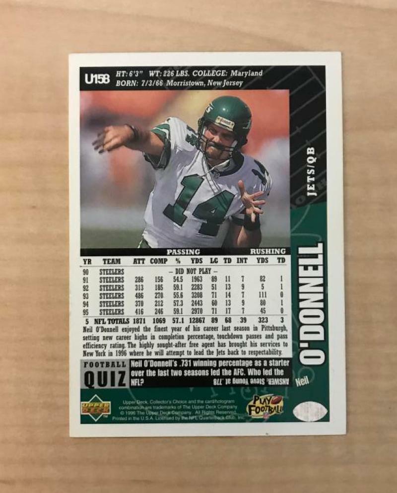 NEIL ODONNELL NEW YORK JETS SIGNED 1996 UPPER DECK CARD #U158 W/COA