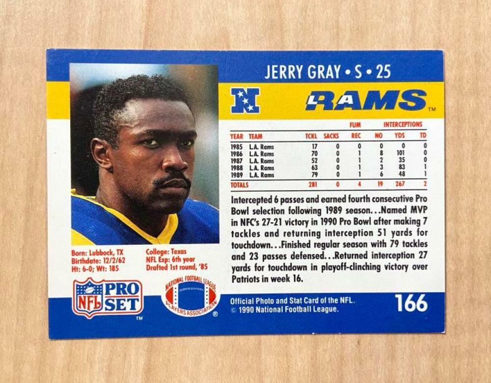 JERRY GRAY LOS ANGELES RAMS SIGNED AUTOGRAPHED 1990 PRO SET CARD #166 W/COA