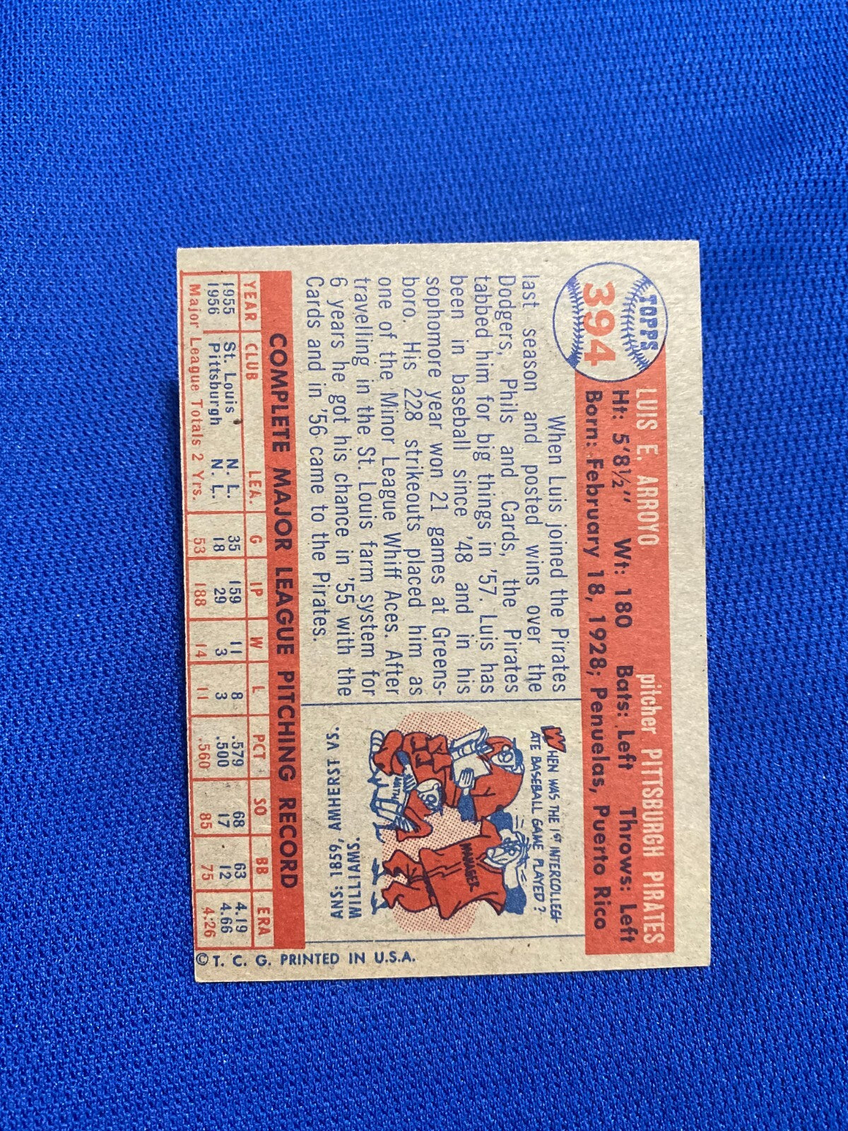 1957 TOPPS LUIS ARROYO PITTSBURGH PIRATES #394 CARD VINTAGE SET-BREAK