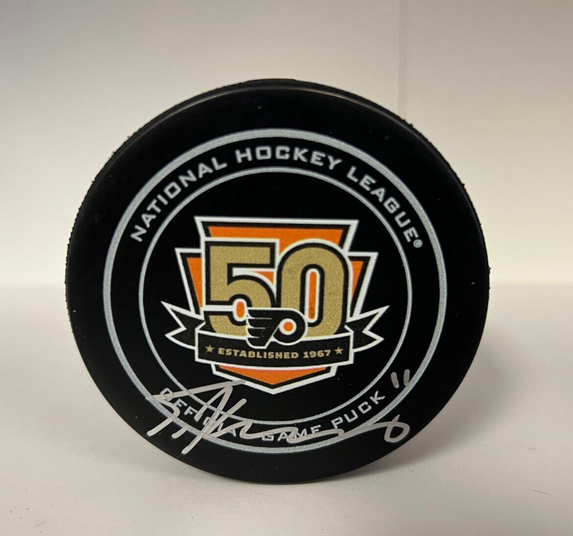 TRAVIS KONECNY FLYERS 50TH ANNIVERSARY SIGNED AUTOGRAPHED HOCKEY PUCK JSA AUTH