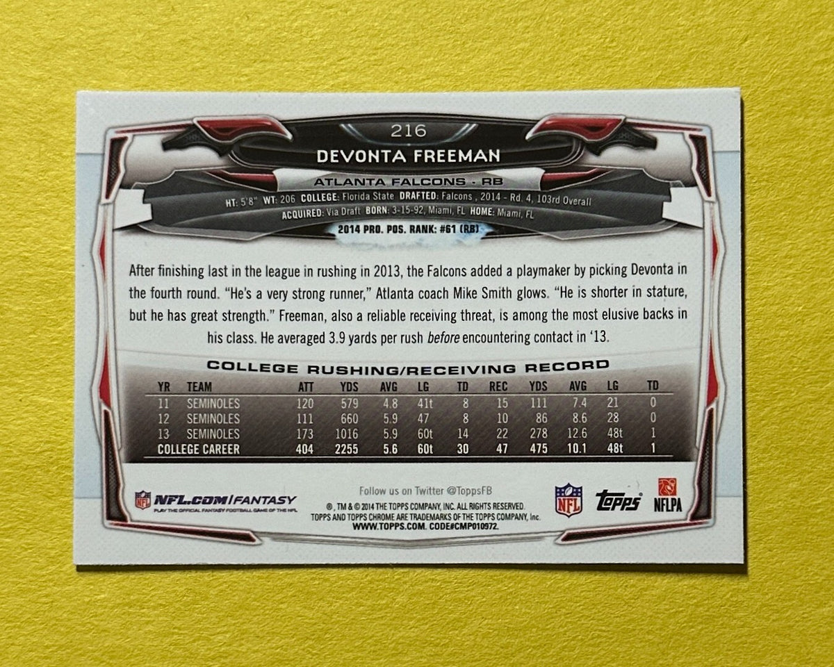 2014 TOPPS CHROME DEVONTA FREEMAN ROOKIE CARD #216 FALCONS
