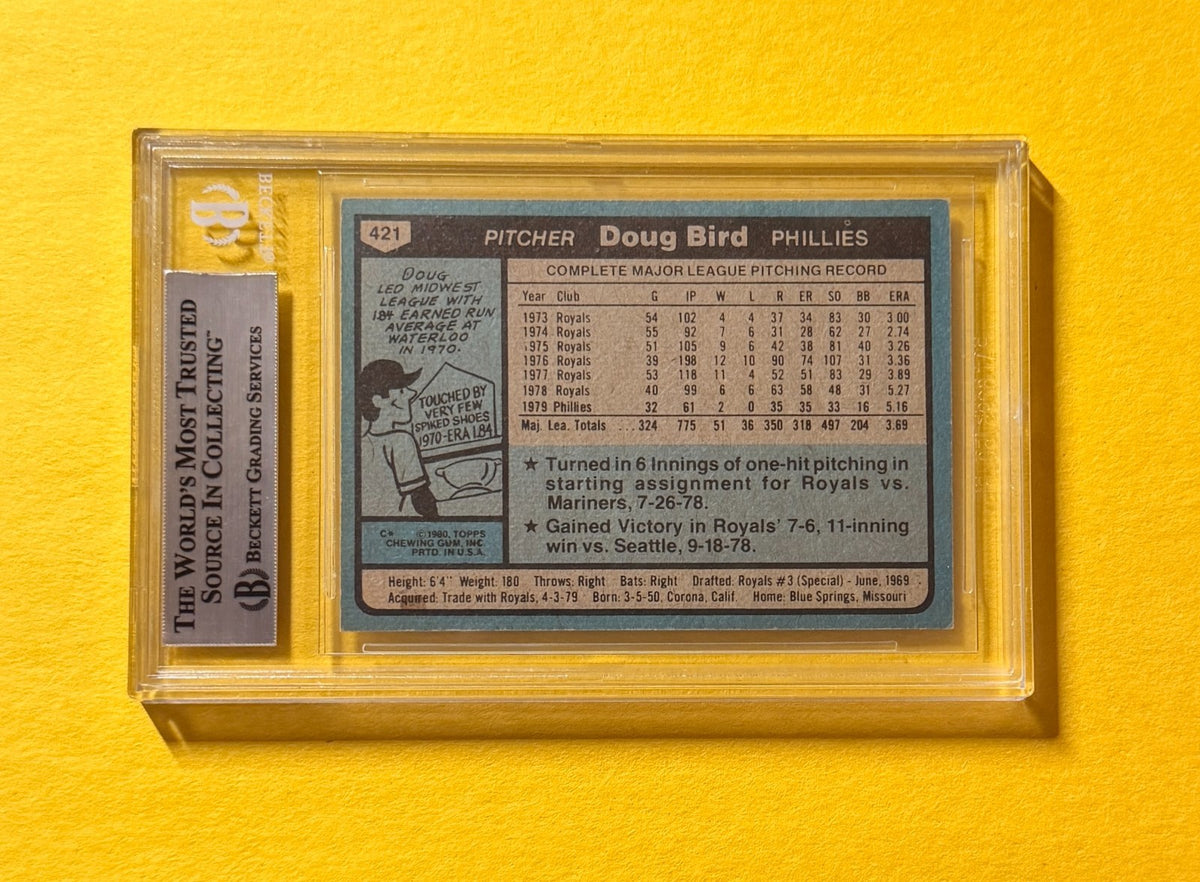 1980 TOPPS DOUG BIRD #421 SIGNED AUTO CARD BECKETT AUTHENTIC PHILLIES
