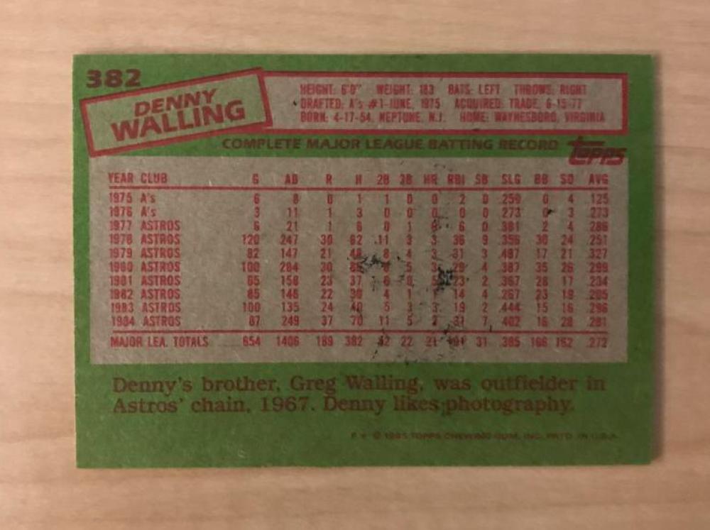 DENNY WALLING HOUSTON ASTROS SIGNED AUTOGRAPHED 1985 TOPPS CARD #382 W/COA 