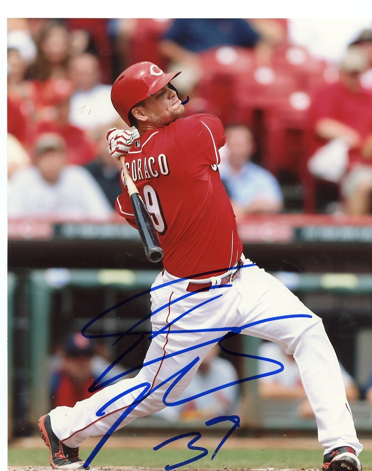 DEVIN  MESORACO  HITTING   CINCINNATI  REDS  SIGNED AUTOGRAPHED 8X10  PHOTO  