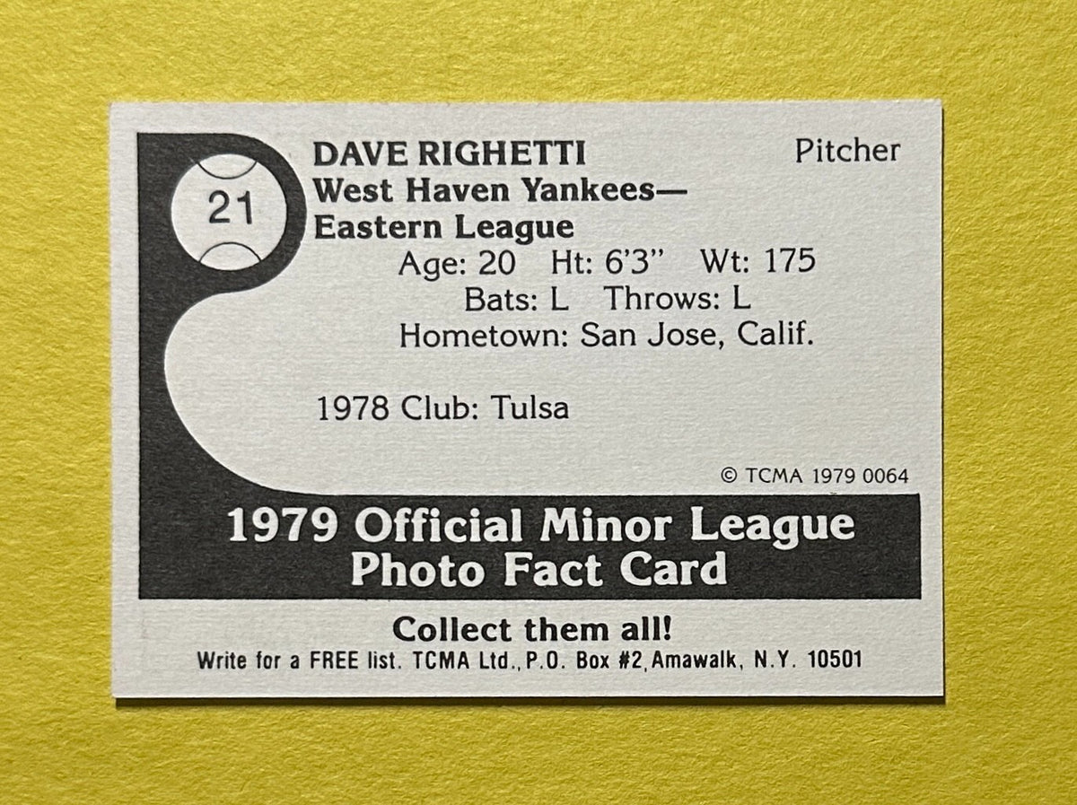 1979 TCMA MINOR LEAGUE DAVE RIGHETTI #21 YANKEES