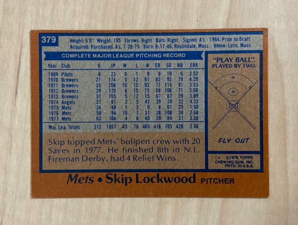 SKIP LOCKWOOD NEW YORK METS SIGNED AUTOGRAPHED 1978 TOPPS CARD #379 W/COA 