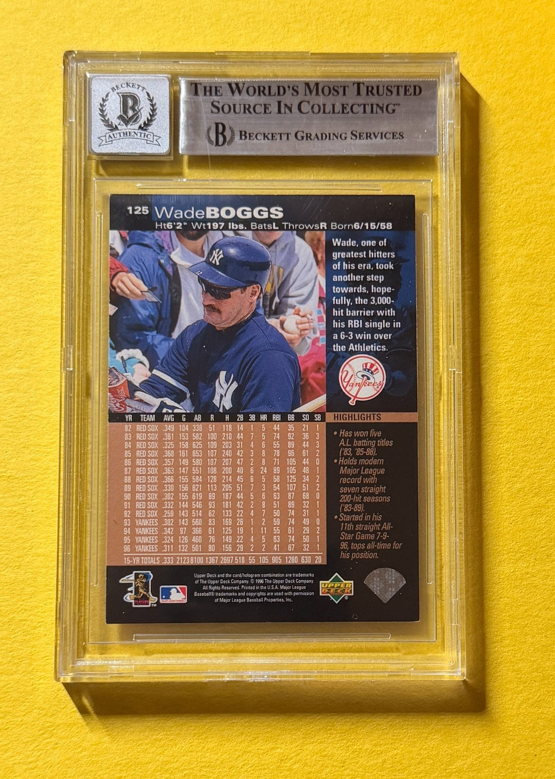 1997 UPPER DECK WADE BOGGS #125 SIGNED AUTO CARD BECKETT 10 AUTHENTIC NYY