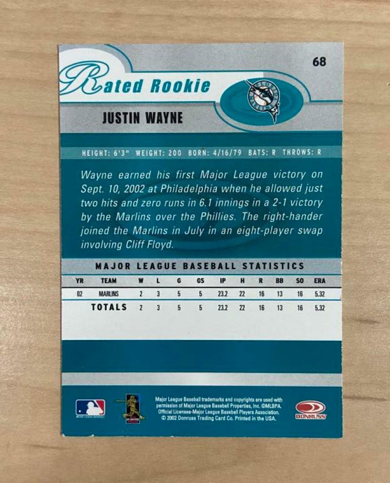 JUSTIN WAYNE FLORIDA MARLINS SIGNED AUTOGRAPHED 2003 DONRUSS CARD #68 W/COA