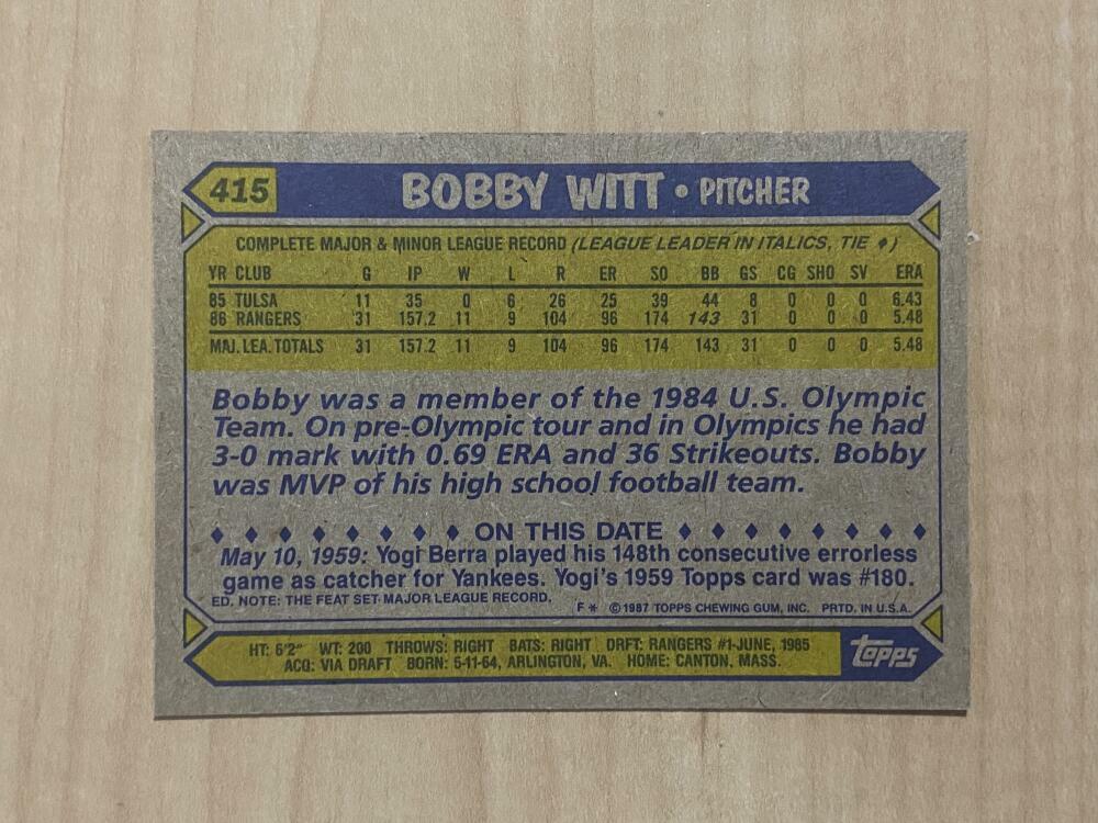 BOBBY WITT TEXAS RANGERS SIGNED AUTOGRAPHED 1987 TOPPS CARD #415 W/COA