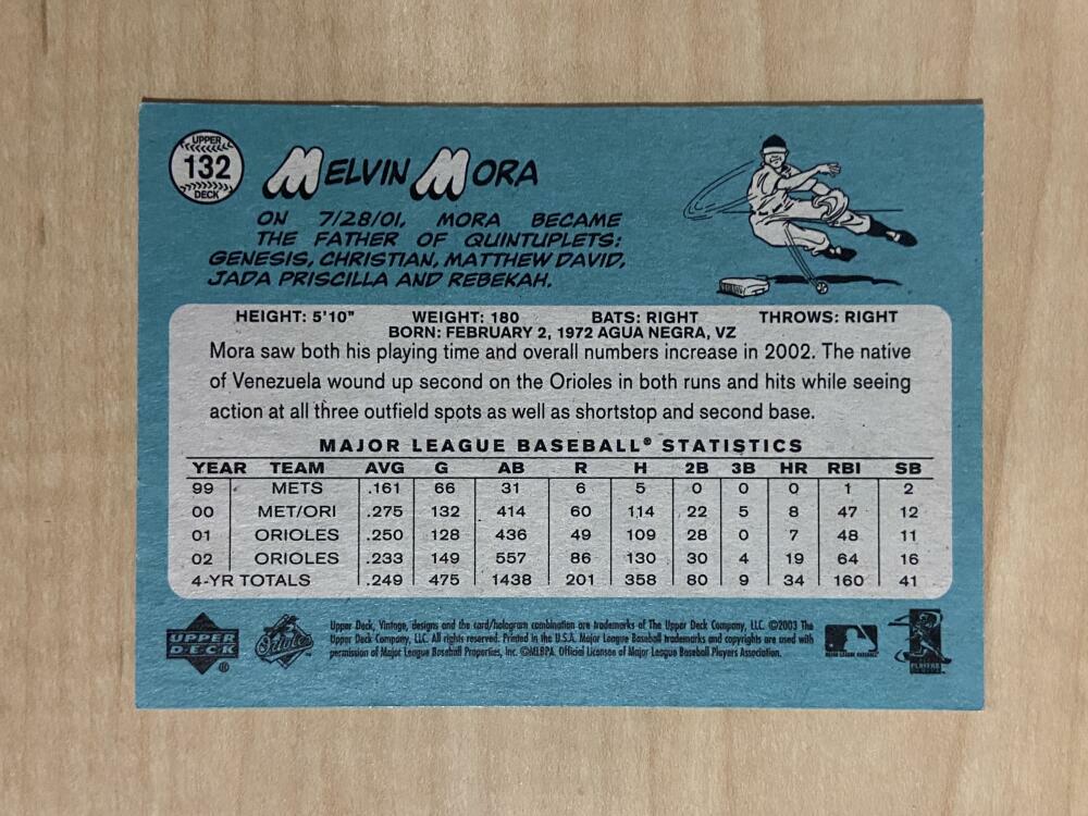 MELVIN MORE BALTIMORE ORIOLES SIGNED AUTOGRAPHED 2003 UPPER DECK CARD #132 W/COA