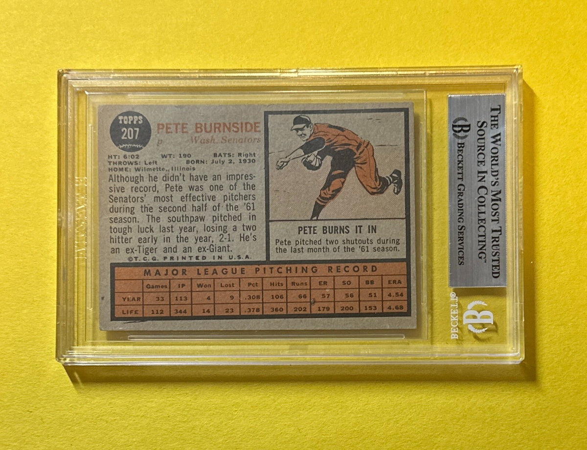 1962 TOPPS PETE BURNSIDE #207 BECKETT AUTHENTIC SIGNED AUTOGRAPH CARD SENATORS