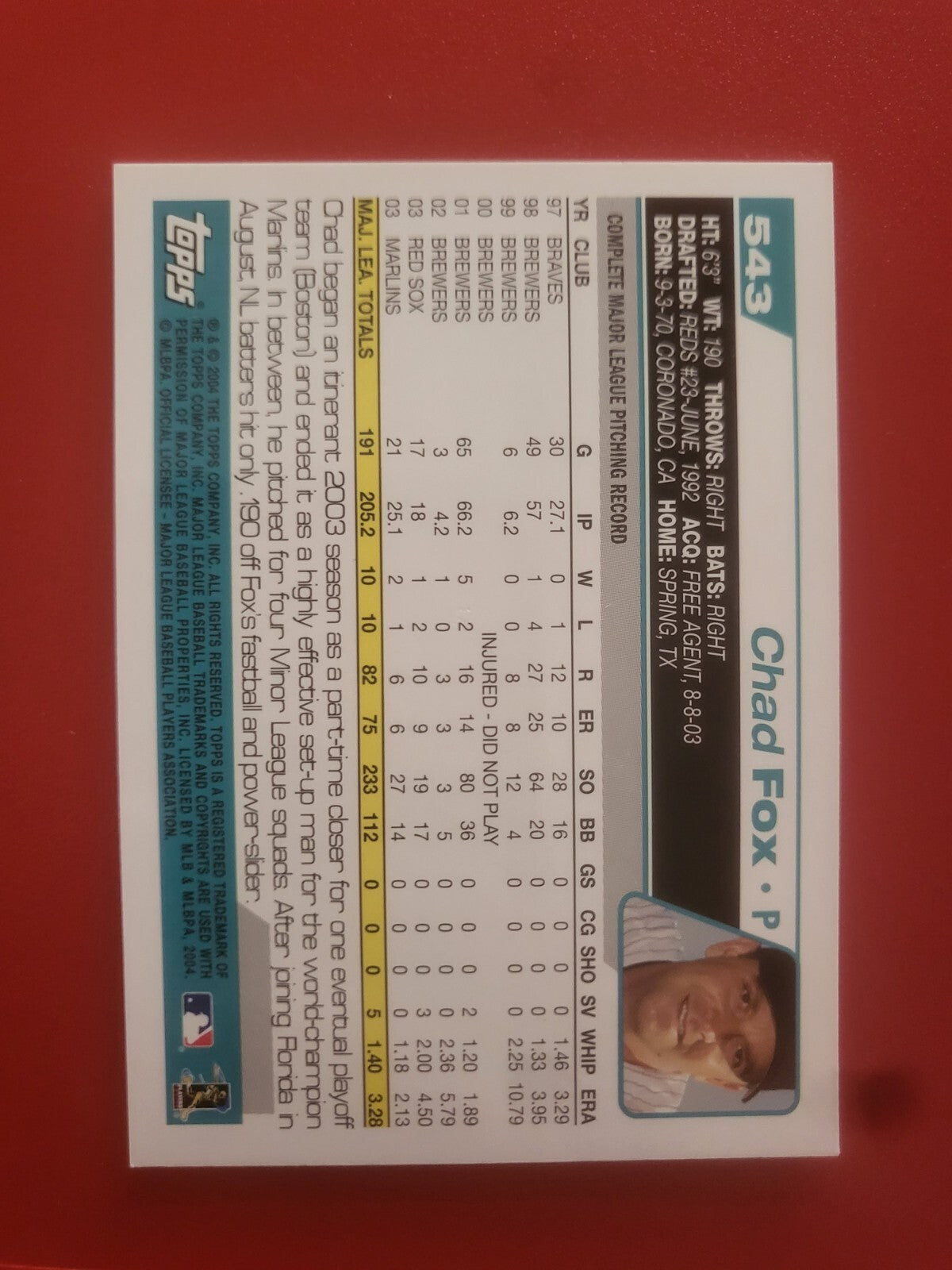 2004 TOPPS CHAD FOX FLORIDA MARLINS SIGNED AUTO AUTOGRAPHED CARD #543 W/COA