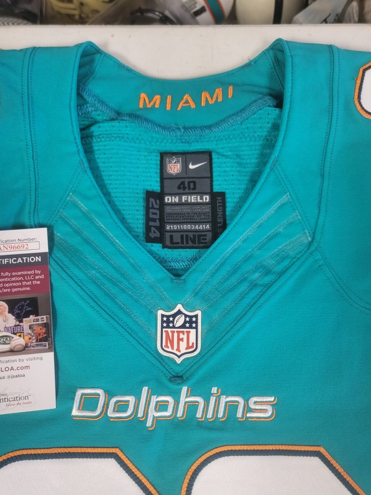T.J. MCDONALD #22 MIA DOLPHINS SIGNED AUTO TEAM ISSUED 2014 ON FIELD JERSEY JSA