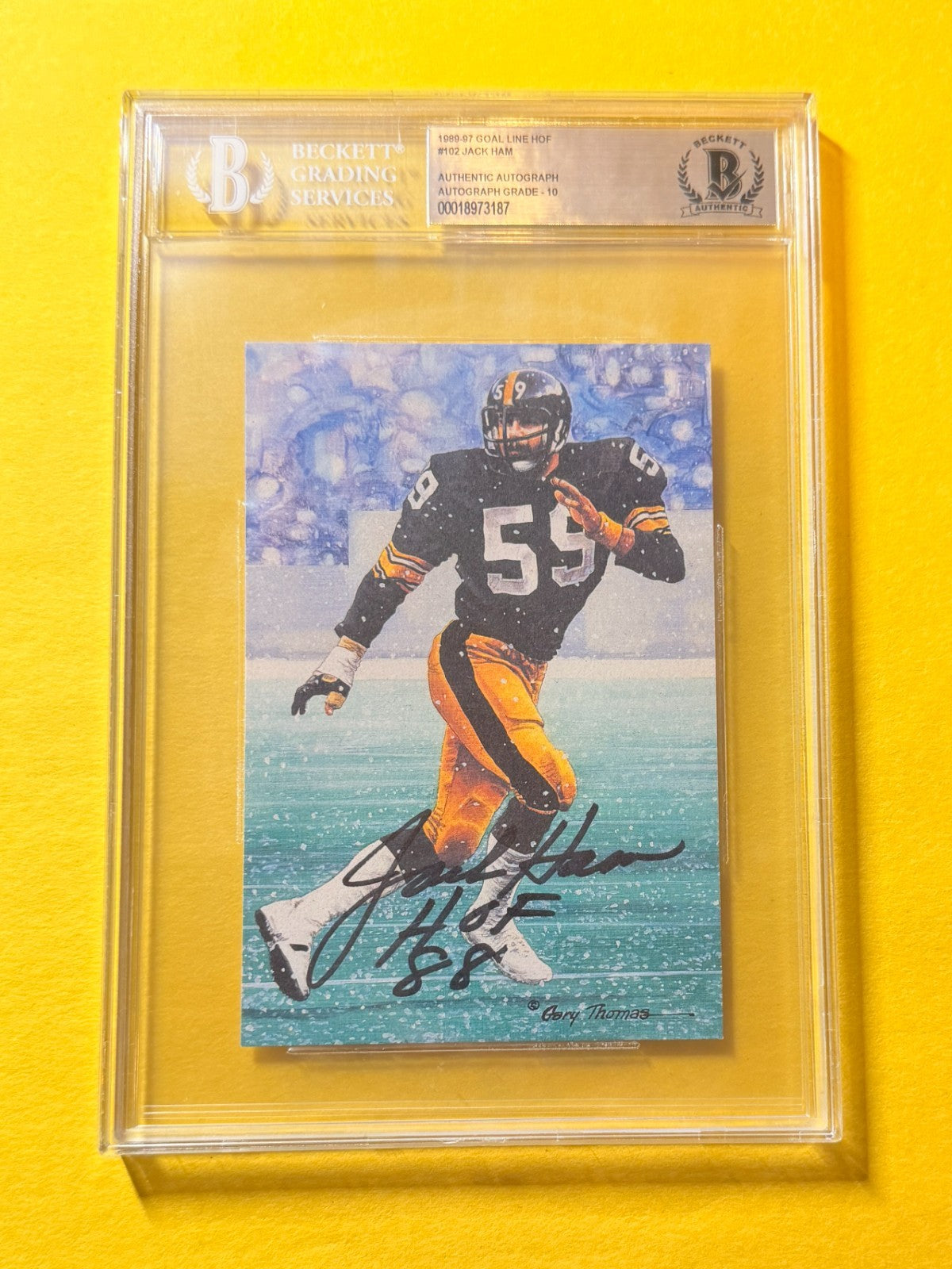 1989 GOAL LINE HOF JACK HAM #102 SIGNED ART BECKETT AUTHENTIC 10 "HOF 88"