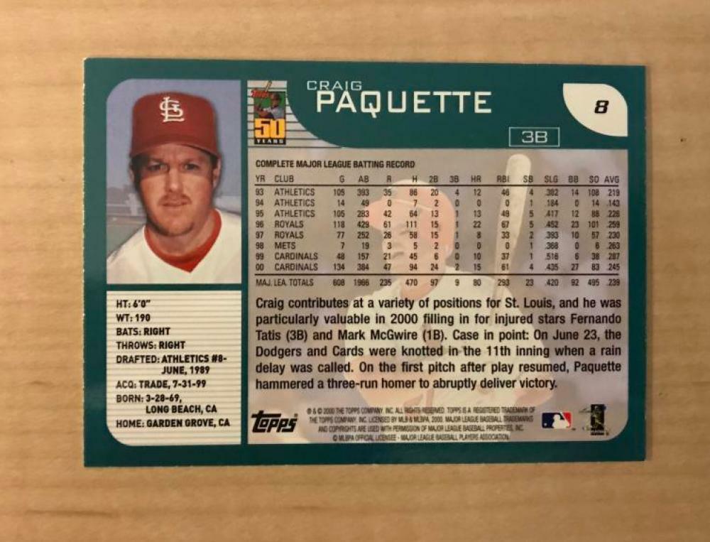CRAIG PAQUETTE ST. LOUIS CARDINALS SIGNED AUTOGRAPHED 2001 TOPPS CARD #8 W/COA 
